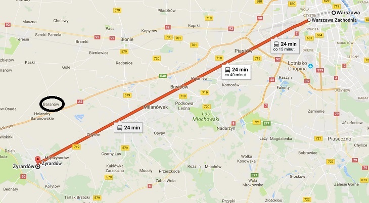 Na lokalizację CPK wskazywana jest miejscowość Stanisławów w gminie Baranów. Źródło: Google Maps